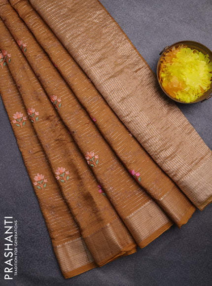 Assam silk saree mustard shade with allover zari weaves & embroidery work and zari woven border