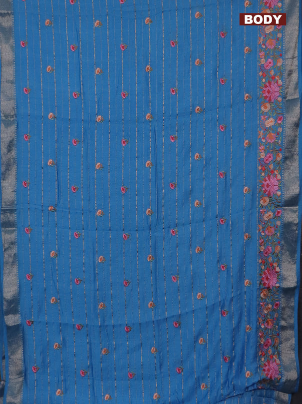 Assam silk saree light blue with allover zari weaves & floral embroidery work buttas and zari woven border