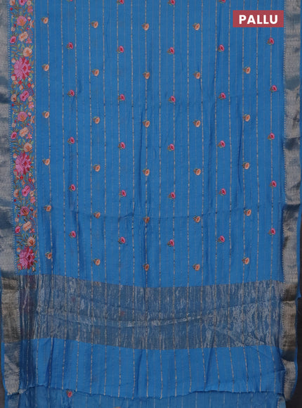 Assam silk saree light blue with allover zari weaves & floral embroidery work buttas and zari woven border