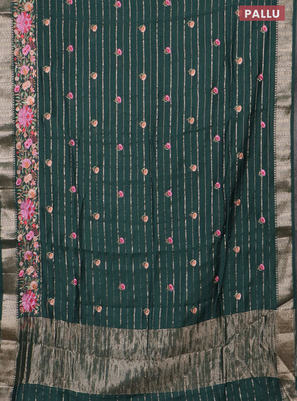 Assam silk saree bottle green with allover zari weaves & floral embroidery work buttas and zari woven border