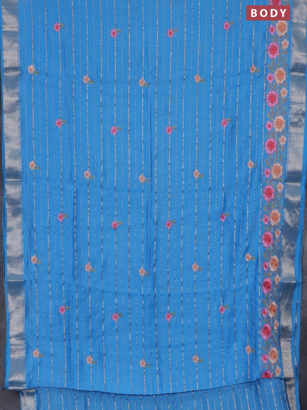 Assam silk saree blue shade with allover zari weaves & floral embroidery work buttas and zari woven border