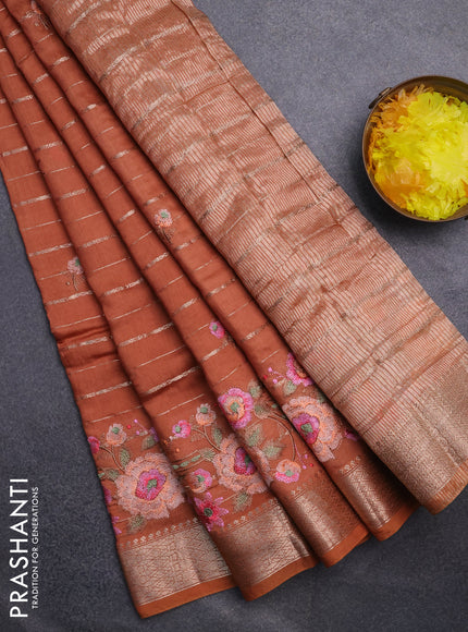 Assam silk saree rust shade with allover zari weaves & floral embroidery work buttas and zari woven border