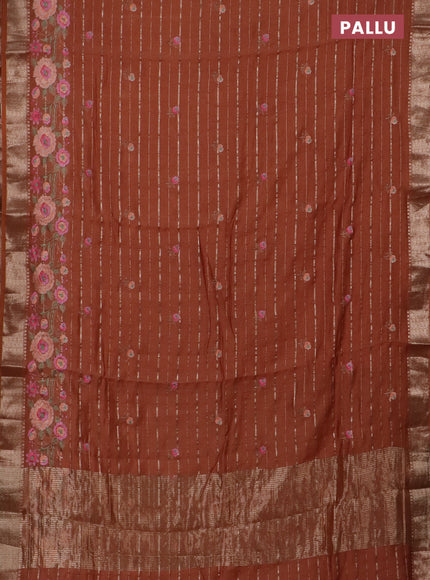 Assam silk saree rust shade with allover zari weaves & floral embroidery work buttas and zari woven border