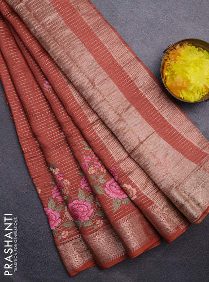 Assam silk saree rust shade with allover zari weaves & floral embroidery work buttas and zari woven border