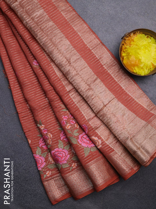 Assam silk saree rust shade with allover zari weaves & floral embroidery work buttas and zari woven border
