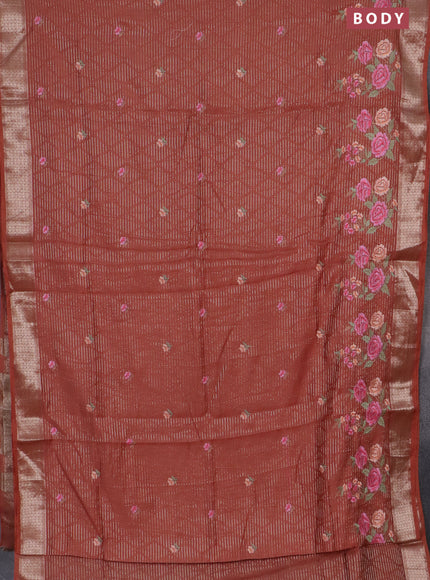 Assam silk saree rust shade with allover zari weaves & floral embroidery work buttas and zari woven border