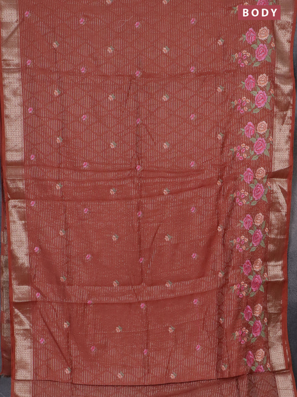 Assam silk saree rust shade with allover zari weaves & floral embroidery work buttas and zari woven border
