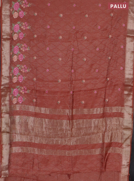 Assam silk saree rust shade with allover zari weaves & floral embroidery work buttas and zari woven border