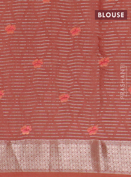 Assam silk saree rust shade with allover zari weaves & floral embroidery work buttas and zari woven border