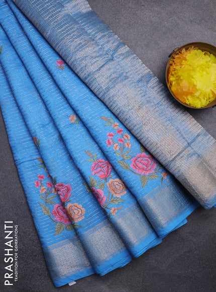 Assam silk saree light blue with allover zari weaves & floral embroidery work buttas and zari woven border