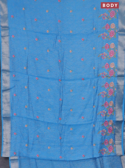 Assam silk saree light blue with allover zari weaves & floral embroidery work buttas and zari woven border