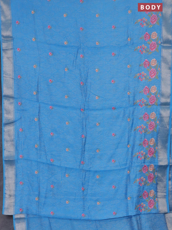 Assam silk saree light blue with allover zari weaves & floral embroidery work buttas and zari woven border