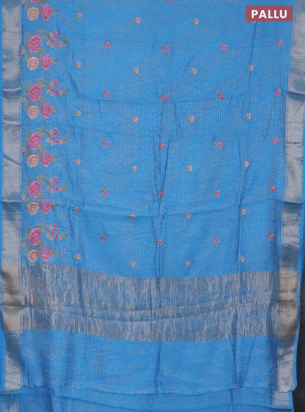 Assam silk saree light blue with allover zari weaves & floral embroidery work buttas and zari woven border