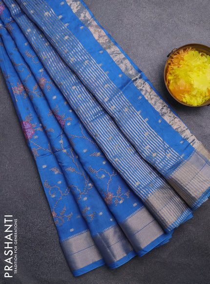 Assam silk saree cs blue with zari buttas & embroidery work and zari woven border