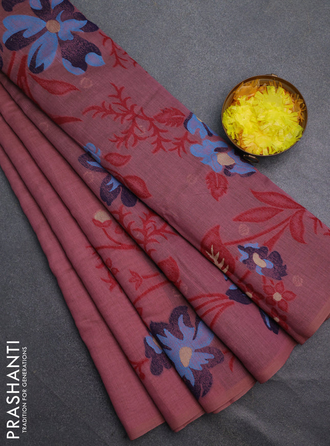 Munga cotton saree pink shade and blue with thread woven floral buttas in borderless style