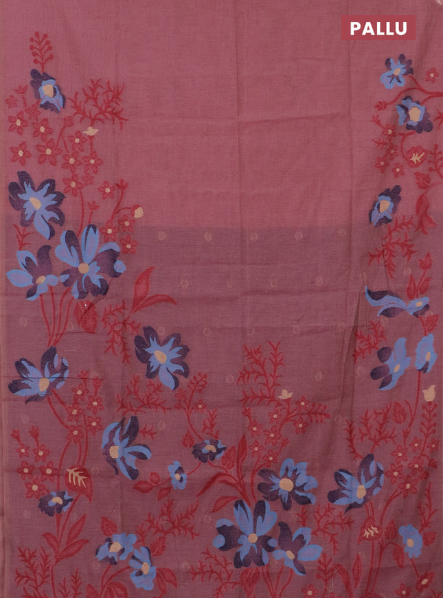 Munga cotton saree pink shade and blue with thread woven floral buttas in borderless style