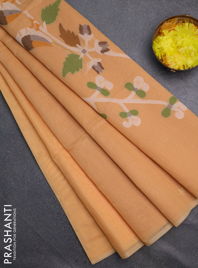 Munga cotton saree orange and mustard shade with zari woven buttas in borderless style