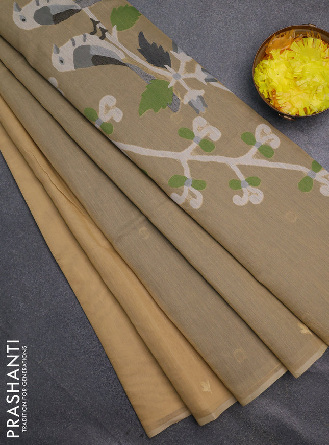 Munga cotton saree sandal and dark grey shade with zari woven buttas in borderless style