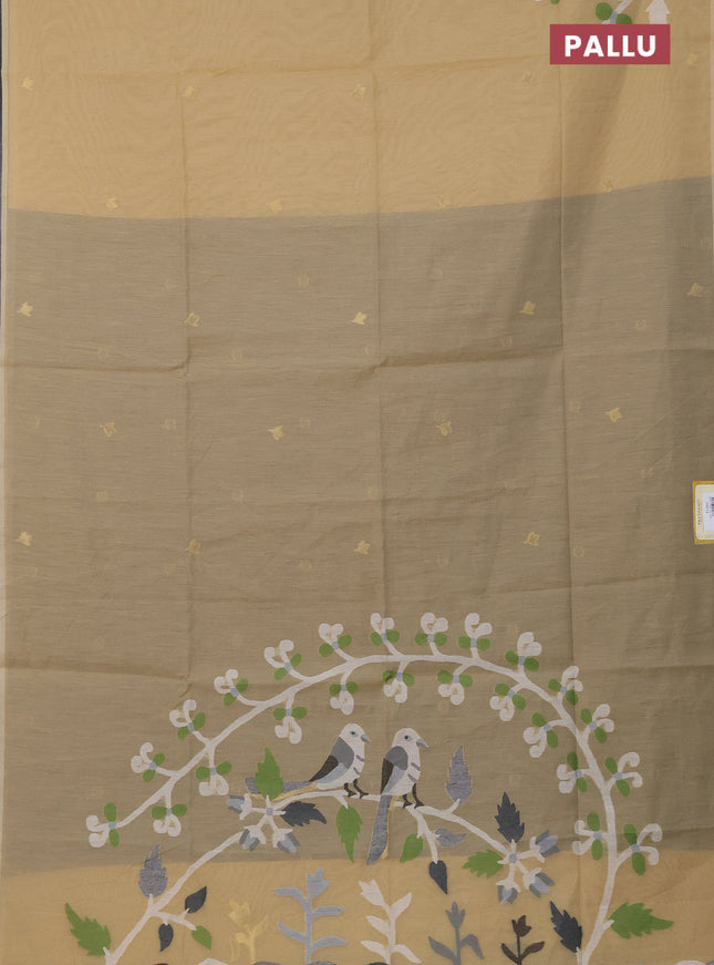 Munga cotton saree sandal and dark grey shade with zari woven buttas in borderless style