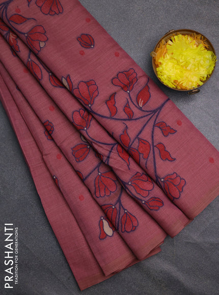 Munga cotton saree mauve pink and maroon with allover thread woven buttas in borderless style