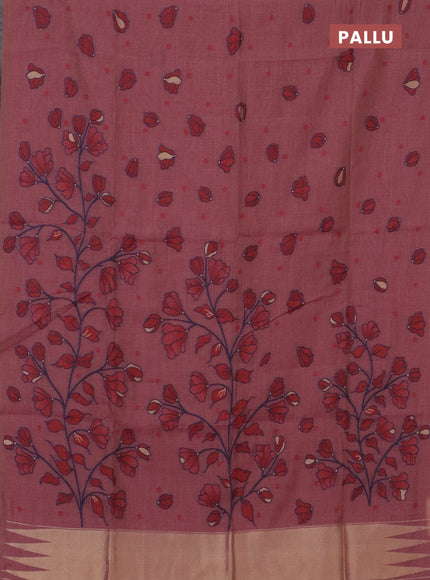 Munga cotton saree mauve pink and maroon with allover thread woven buttas in borderless style