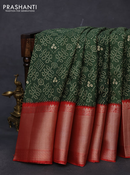 Semi tussar saree green and red with allover bandhani prints and long zari woven border