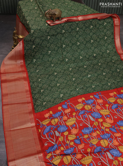 Semi tussar saree green and red with allover bandhani prints and long zari woven border