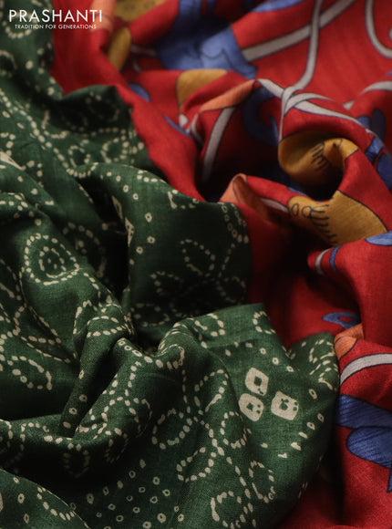 Semi tussar saree green and red with allover bandhani prints and long zari woven border