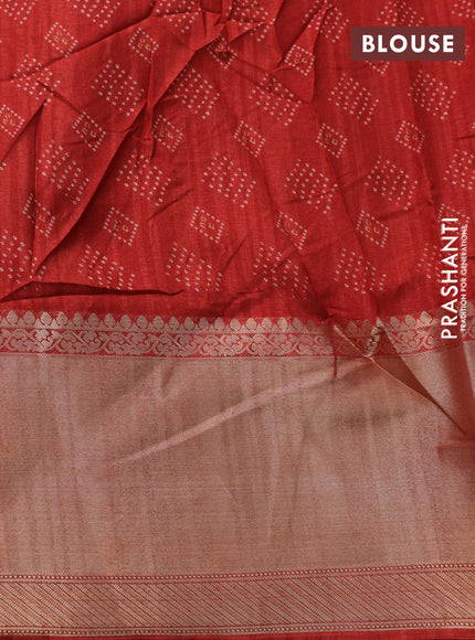 Semi tussar saree green and red with allover bandhani prints and long zari woven border