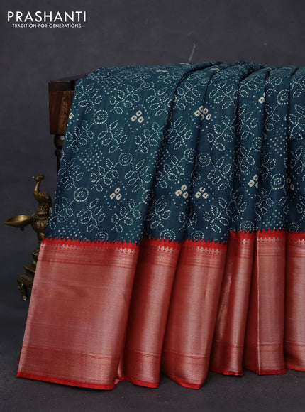 Semi tussar saree peacock blue and red with allover bandhani prints and long zari woven border