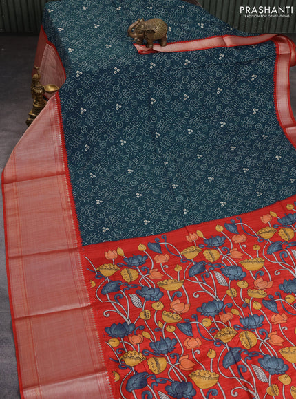 Semi tussar saree peacock blue and red with allover bandhani prints and long zari woven border