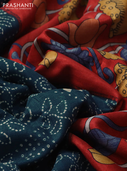 Semi tussar saree peacock blue and red with allover bandhani prints and long zari woven border