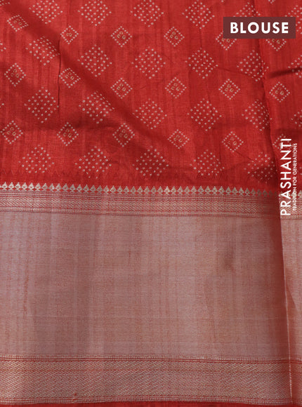Semi tussar saree peacock blue and red with allover bandhani prints and long zari woven border