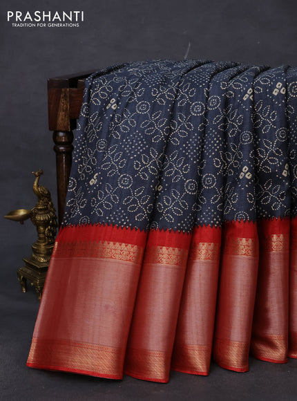 Semi tussar saree dark peacock blue and red with allover bandhani prints and long zari woven border