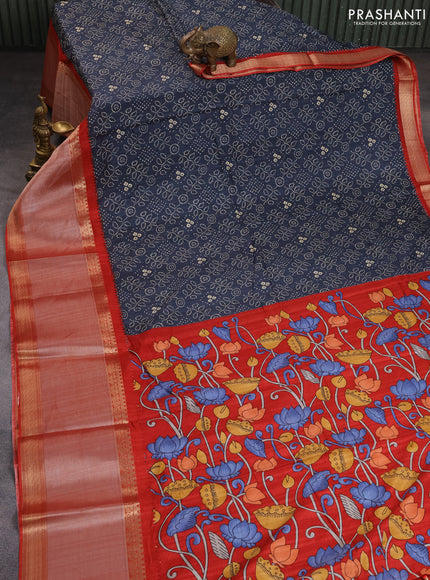 Semi tussar saree dark peacock blue and red with allover bandhani prints and long zari woven border