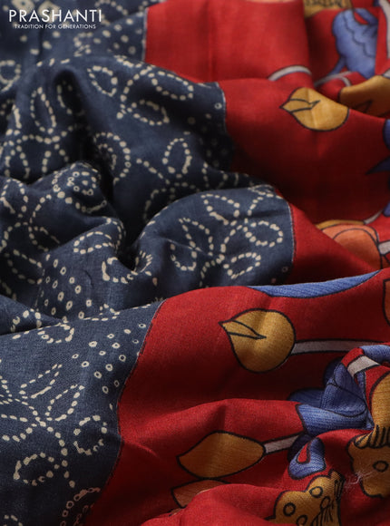 Semi tussar saree dark peacock blue and red with allover bandhani prints and long zari woven border