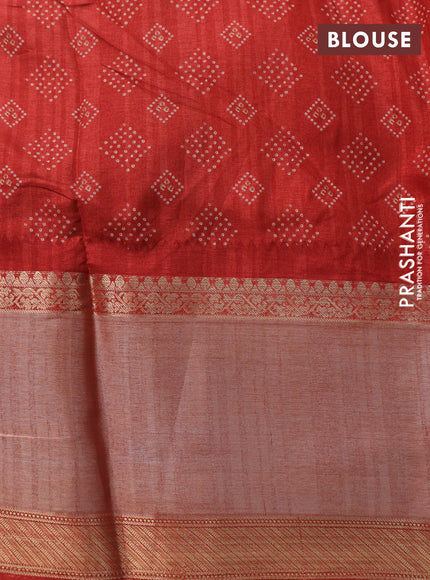Semi tussar saree dark peacock blue and red with allover bandhani prints and long zari woven border