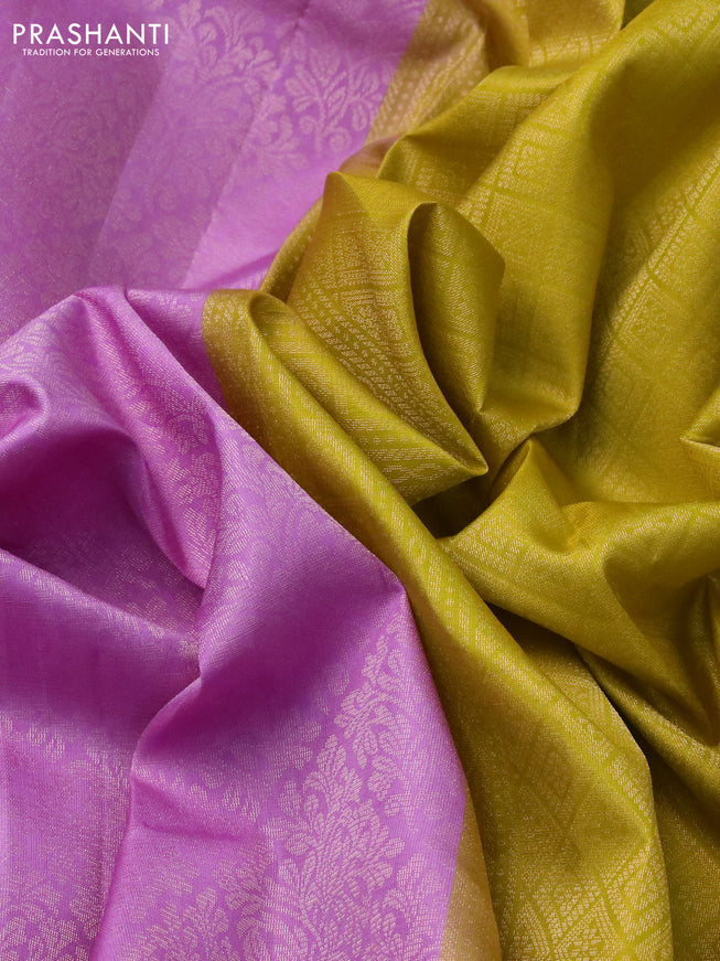 Pure soft silk saree light pink and yellow with allover zari woven brocade weaves and zari woven border