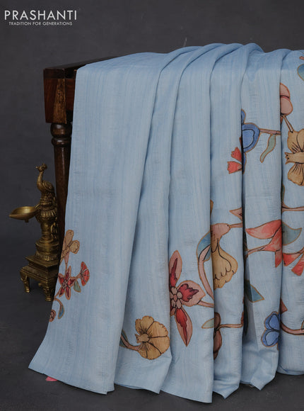 Semi tussar saree light blue with allover kalamkari applique work in borderless style