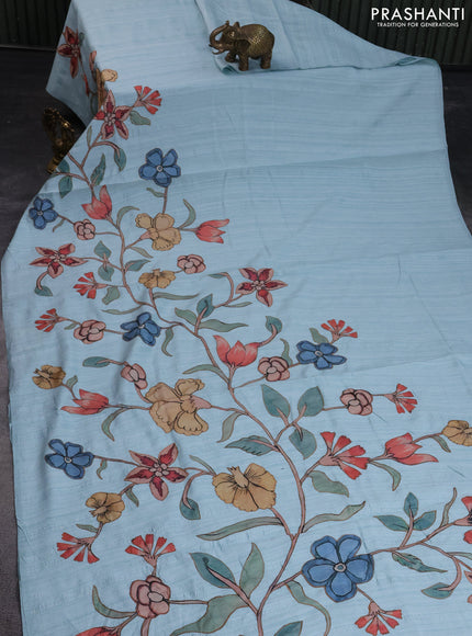 Semi tussar saree light blue with allover kalamkari applique work in borderless style