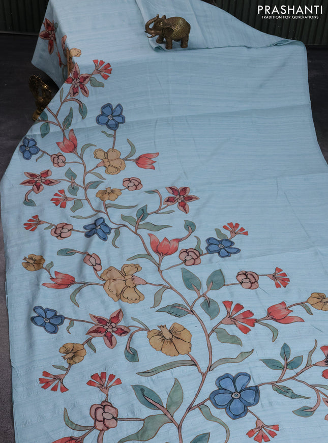 Semi tussar saree light blue with allover kalamkari applique work in borderless style