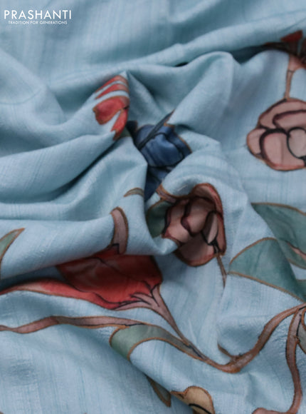 Semi tussar saree light blue with allover kalamkari applique work in borderless style