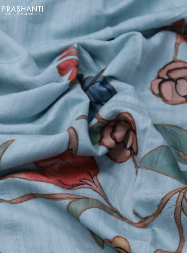 Semi tussar saree light blue with allover kalamkari applique work in borderless style