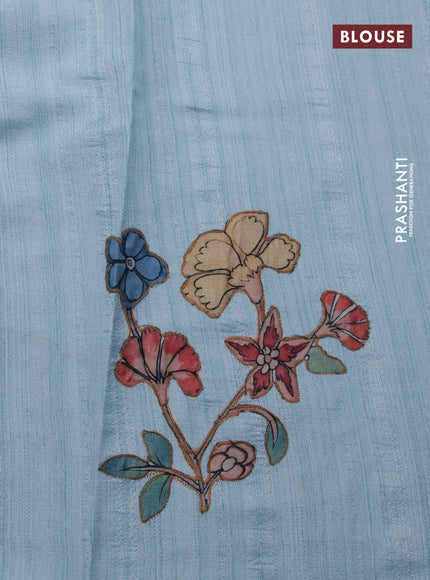 Semi tussar saree light blue with allover kalamkari applique work in borderless style
