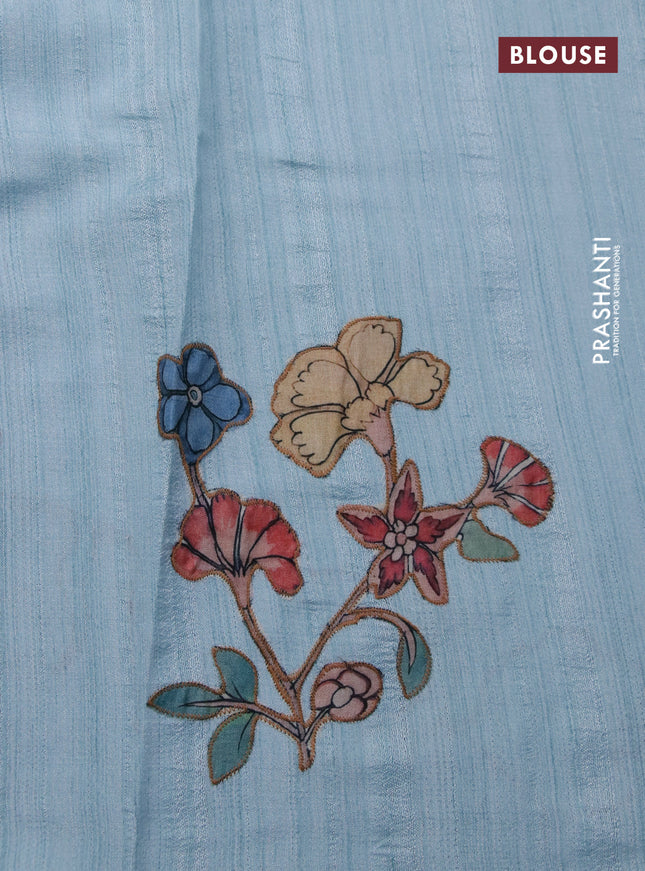 Semi tussar saree light blue with allover kalamkari applique work in borderless style