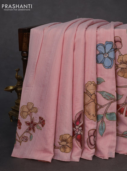 Semi tussar saree peach shade with allover kalamkari applique work in borderless style