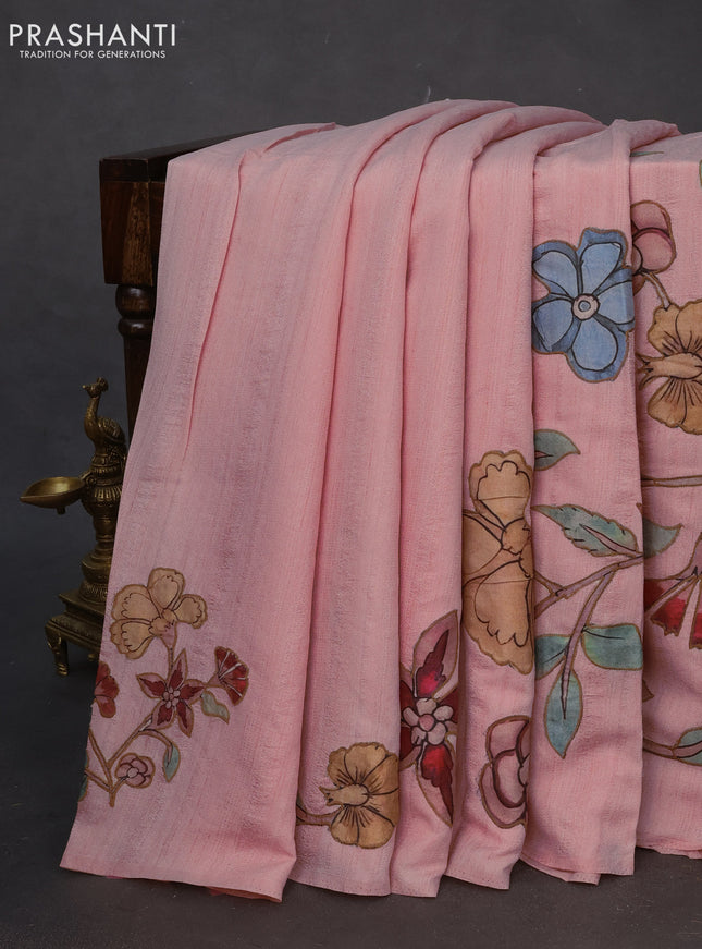 Semi tussar saree peach shade with allover kalamkari applique work in borderless style