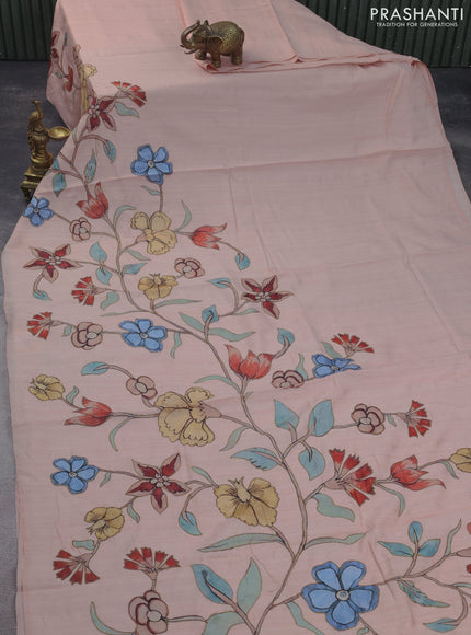 Semi tussar saree peach shade with allover kalamkari applique work in borderless style
