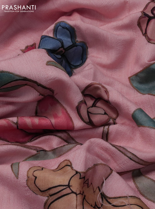 Semi tussar saree peach shade with allover kalamkari applique work in borderless style