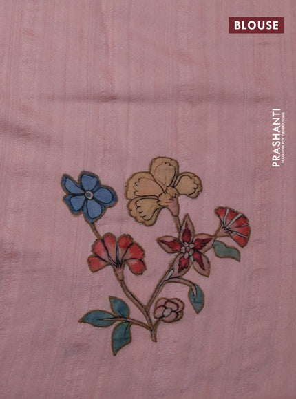 Semi tussar saree peach shade with allover kalamkari applique work in borderless style